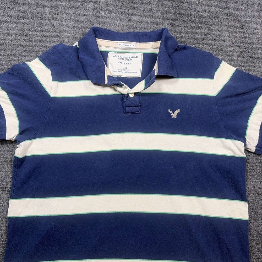 Men's Y2k American Eagle Blue White Green Striped Polo Shirt Size Large Preppy